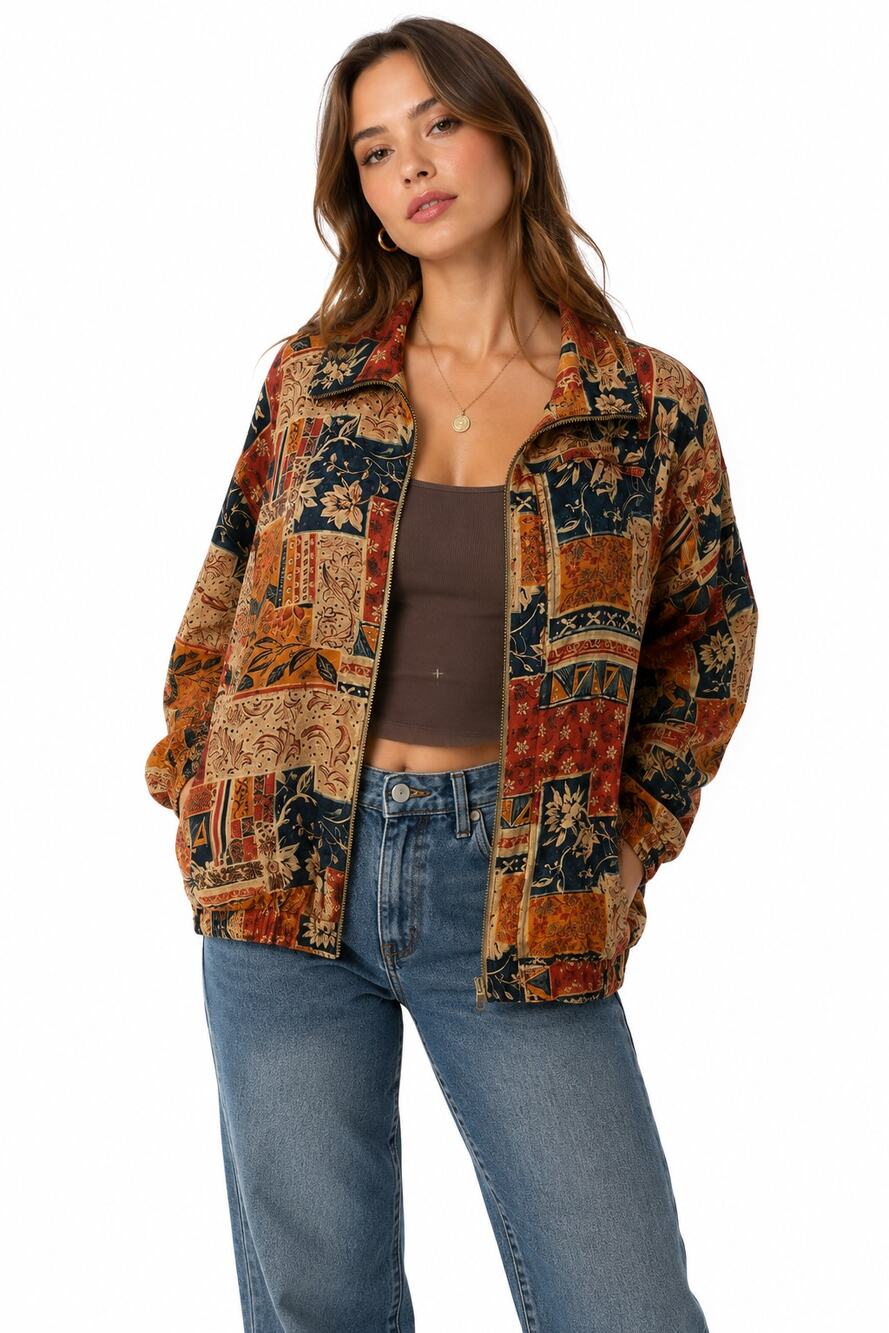 Vintage Silk Patchwork Autumn Boho Artsy Zip Bomber Jacket Womens Sz M Oversized